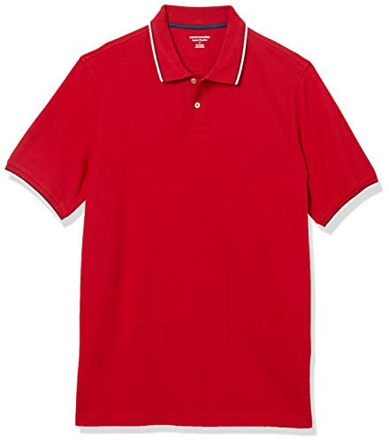 Amazon Essentials Polo en Piqué de Algodón con Corte Regular (Disponible en Talla Grandes y Largos Especiales) Hombre, Rojo Twin Stripe, XXL