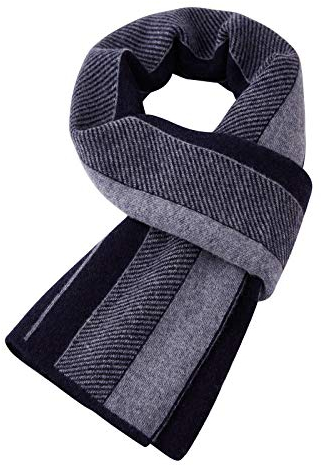 WANYING Herren Kaschmir Schal (65% Wolle+35% Kaschmir) Wolleschal Strickschal Herrenschal Extra Warm Weich für Winter Herbst - Gestreift Dunkelblau & Grau