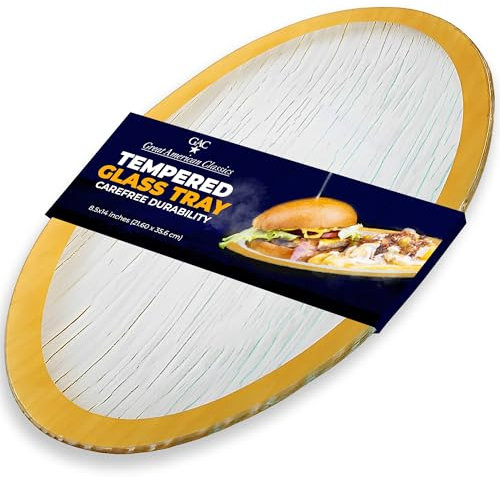 Tempered Glass Oval Meat Serving Tray – Durable Food Platter for Serving Dishes, Party Trays and Platters, Microwave Oven & Dishwasher Safe Decorative Tray – 8.5 x 14 Inch, Gold