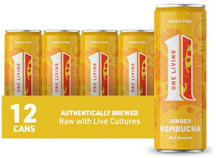 One Living Kombucha Drink - Ginger with Turmeric - 12 x 250ml Cans - Sugar Free, Great Tasting Authentically Brewed Kombucha with Live Cultures - Lightly Sparkling, 100% Natural, Vegan