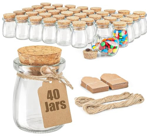 Ritayedet Lot de 40 bocaux à dragées en verre avec couvercle en liège, petites bouteilles en verre de 96,4 g pour dragées de mariage, fête prénatale, fête, bocaux cadeaux pour bonbons, ficelle et