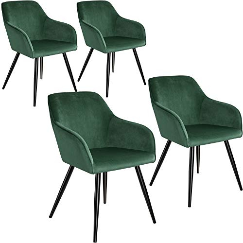 tectake® 4er Set moderner Esszimmer Stuhl, Sitzfläche aus Samt, Armlehnstuhl, Sessel Wohnzimmer, gepolsterter Office Chair mit schwarzen Metallbeinen, Schminktisch Stuhl - dunkelgrün/schwarz