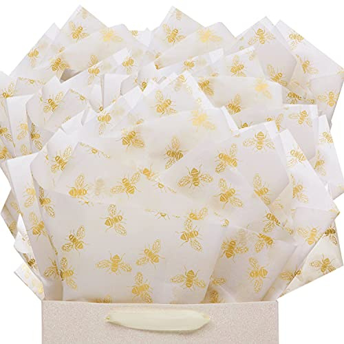 UNIQOOO 40 Sheets Metallic Gold Foil Honey Bee Gift Wrapping Tissue Paper Bulk, Large 20X26 Inch, Gift Bags Box Packaging, DIY Craft Bedding Shred Paper Filler