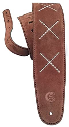 Custom Style Tracolla per Chitarra Basso Ricamo X Pelle Scamosciata Marrone - T8SUBR2X