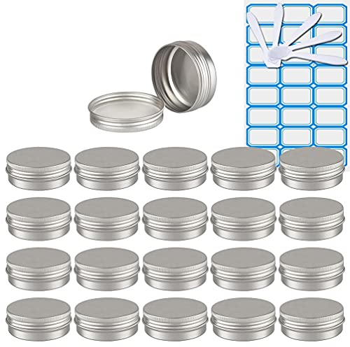 ZEOABSY 50 Pièces 40ml Pots en Aluminium Vide Rond Argent Petit Cosmétiques Pot Conteneurs for Fait Main Bougies Crème Baume Voyage, 5X Spatule, 2X Étiquettes