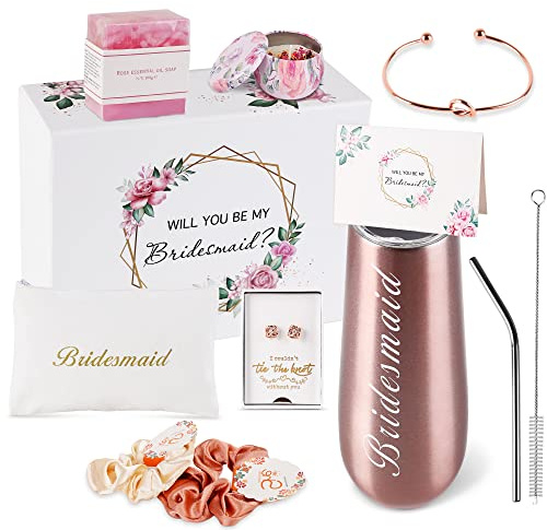 DHQH Brautjungfern-Antragsgeschenkbox-Sets von Bride, Will You Be My Bridesmaid, 170 ml, Edelstahl, Champagnergläser, Junggesellinnenabschied, Spa, Geschenke, Brautpartys