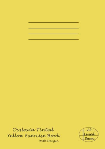 Dyslexia Tinted Exercise Book A4 8mm Lined - Yellow: 8 mm (0.8cm) Wide Lined Visual Stress Notebook - Coloured Paper - School Writing Pad Exercise ... - 48 Pages A4 With Margin - Yellow Cover