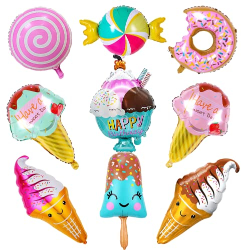 9 Luftballons Geburtstag,Eiscreme Donut Candy Folienballons Helium Ballons Set,Eisbecher‘Happy Birthday’Geburtstagsballons Deko Für Mädchen Jungen Geburtstag Sommer Ice Cream Süßes Essen Kinderparty