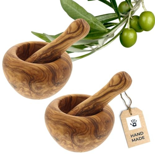 2x HOFMEISTER® Mörser und Stößel 2er Set aus Olivenholz, auffälige Maserung, sehr robuster Behälter mit Schlegel, Holzmörser für Kräuter, Samen und Gewürze, Durchmesser 11 cm (2 Stück)