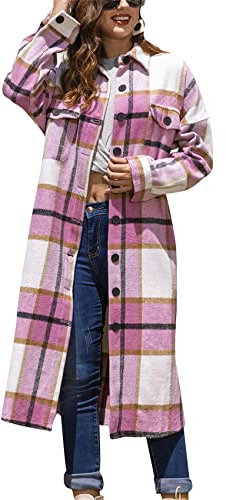 Yming Knopf Mantel Für Frauen Side Schlitz Plaid Casual Revers Mantel Shacket Lange Oversized Langarm Jacken Rosa M