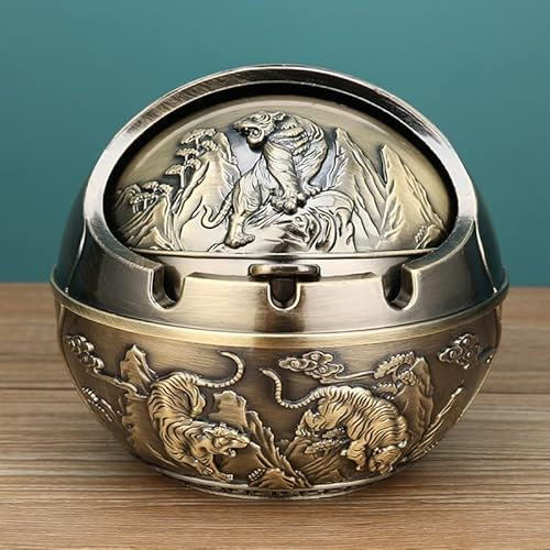 RYUHYF Zigarrenaschenbecher | Innen- und Außenbereich und Innenhof Metall Aschenbecher im europäischen Stil mit Abdeckung (Bronze Tiger)