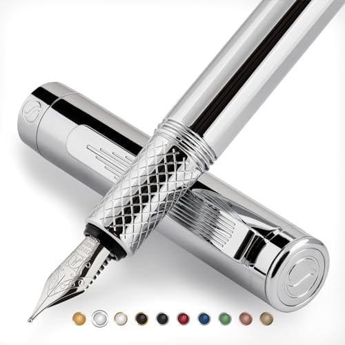 Scriveiner Luxury EDC Füllfederhalter (mittel), schwerer Taschenfüller mit Chrom, Schmidt Schreibfeder, Konverter, bestes Geschenkset für Mann & Frau, ausgefallener Designerstift fürs Büro