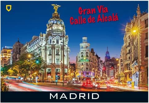 Souvenirs Magnet Madrid Gran Via - Calle de Alcalá, Farbenfrohe Stadtansicht, Metall, 8 cm x 5.5 cm, 1 Stück