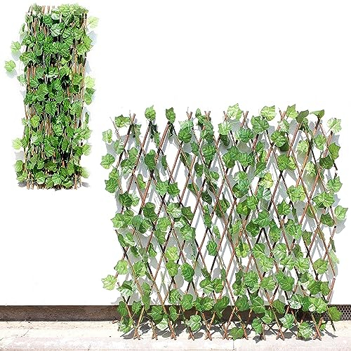 FISHTEC - Treillis Clôture de Jardin en Osier Extensible - Brise Vue avec Feuillage Artificiel : Lierre Feuilles de Vignes - 10 Liens de Serrages Inclus - Extensible 120X15 cm Plié à 320X30 cm Déplié