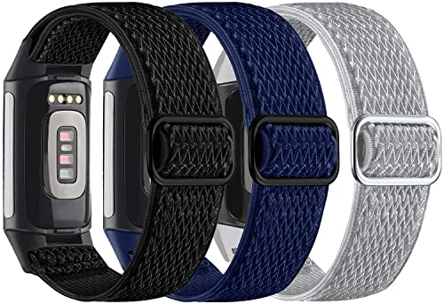Nigaee 3 Pack Elastic Nylon Straps Compatible with Fitbit Charge 5/Charge 6 Strap, Stretchy Adjustable Fabric Breathable Replacement Straps for Women Men