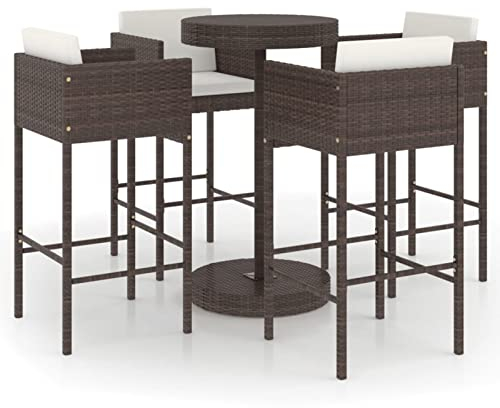 Tidyard 7-TLG. Gartenbar Set Outdoor, Rund Bartisch & Barhocker mit Kissen, Gartenmöbel Poly Rattan Braun