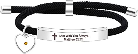 Religiöses Bibelvers-Armband für Frauen und Mädchen, christliches Ermutigungsgeschenk, schwarze Schnur, Edelstahl, gravierte Platte, Stangenarmband, 23 cm, Edelstahl