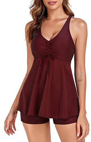 FLYILY Femme Maillot De Bain Deux Pièce Tankini Imprimé Floral 2 Pieces Tankini Push Up Contrôle du Ventre avec Boyshort(WineRed,L)