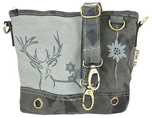 Domelo Damen Trachtentasche. Umhängetasche mit Hirsch & Edelweiß Aufdruck. Graue Crossover Bag in Vintage- Retro Stil. Vegane Schultertasche oder Crossbody Tasche