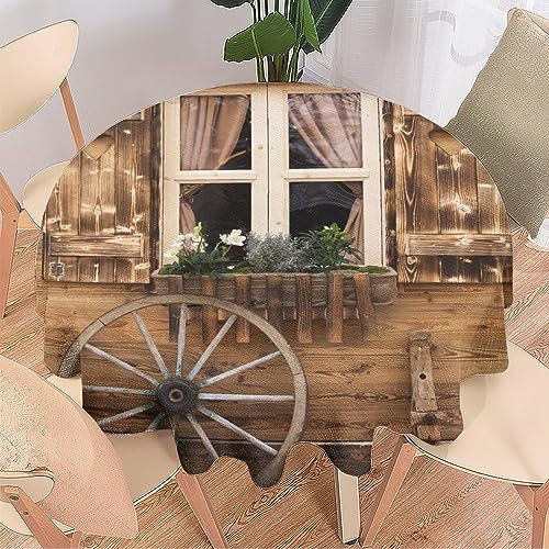 COALHO Altes Holzhaus, Vintage, Heimdekoration, runde Polyester-Tischdecke, Wilder Westen, typisches Hausrad, antike Kunst für Bankett, Tisch, Geburtstag, Party, Buffet, Hochzeit, 127 x 127 cm