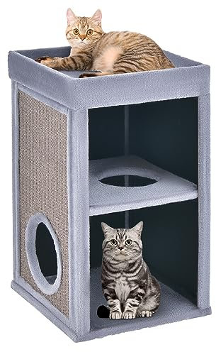 COSTWAY Cat House, 2-Tier Cats Condo with Sisal Scratch Boards, Top Perch, Removable Cushion, Hideaway Cave, Multi-layer Kitten Activity Centre for Indoor Cats