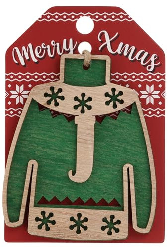 J Letter Initial Christmas Jumper Wooden Tree Decoration Personalised Bauble Xmas Green