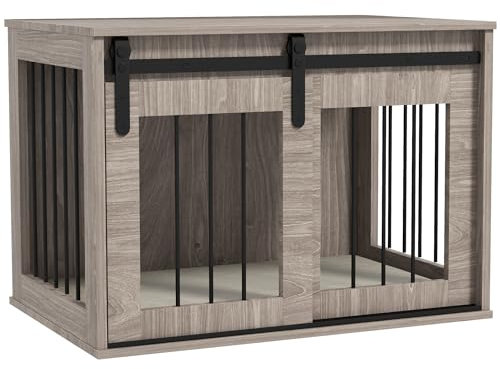 PawHut Dog Crate Furniture, Dog House Furniture Style for Medium Breeds, Pet Kennel with Removable Cushion for Indoor Use, 80 x 54 x 57cm, Brown