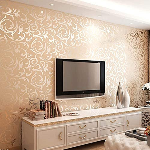 HimYKEA Modern Victorian Damask 3D Embossed Textured PVC Living Room/Bedroom/TV Background Non-Pasted Wallpaper Roll Beige 1.73'W x 32.8'L