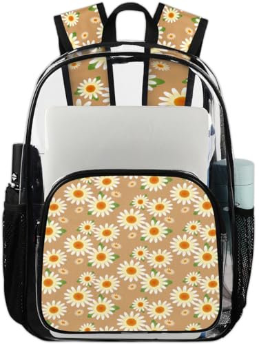 GeMeFv Vintage Daisy Flower Clear Backpack, Heavy Duty Transparent Backpack with Laptop Compartment for Women Men Work Travel(Brown), Vintage Daisy Flower, 17.7 H x 11.2 L x 6.2 W inches