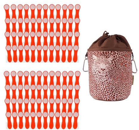 96 Wäscheklammern Wäscheclips mit Druckfedern aus Edelstahl und Soft Touch Orange Weiß und 1 bellaCott Wäscheklammerbeutel Leopard braun