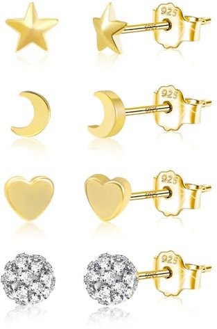 Gold Stud Earrings Set for Women, Small Heart Studs Set Hypoallergenic Silver Earrings Small Star Stud Piercing Moon Earring Minimalist Cartilage Ball Cubic Zirconia Studs Girls