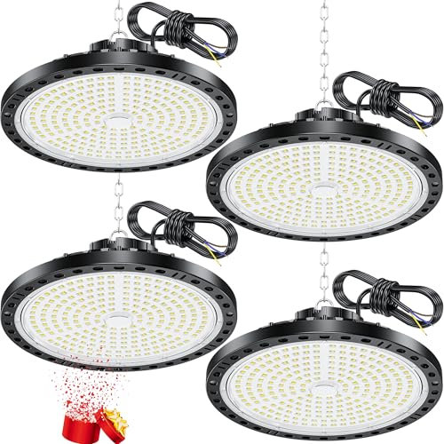 YIQIBRO Eclairage LED Garage 200W 4 Pièces, 20000LM Super Brillant UFO Eclairage Atelier, IP65 Étanche Lampe LED Exterieur, 7000K Blanc Froid Plafonnier pour Garage, Entrepôt, Atelier, Sous-sol, Usine