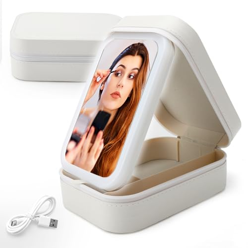 TNSLAND Kosmetiktasche mit Beleuchtetem Spiegel Make-up-Tasche schminkkoffer mit spiegel und licht 3 Farben LED Licht Make up Spiegel mit Beleuchtung Reise Kosmetikkoffer Organizer Geschenk für Frauen