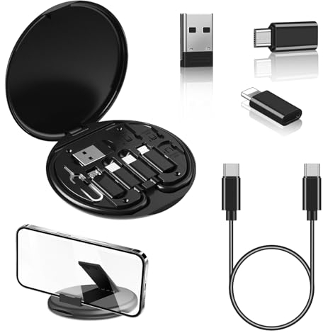 SEUMOO Multifunctional Data Cable Storage Box Adaptor 60W Fast Charge Multi Type Charging Line Convertor Set for USB-C & Micro-USB Devices Travel Phone Holder Data Transfer Cable Black