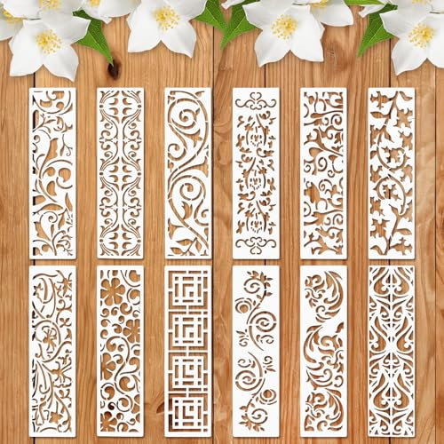 Lot de 12 pochoirs réutilisables pour peinture, bordure en forme de feuille, meubles et gâteaux, pochoirs décoratifs pour mur en bois, loisirs créatifs, toile, tissu, décoration d'intérieur