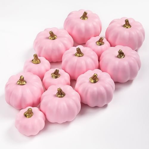 Benjia Décoration de Citrouille Extérieure Automne, Mini Petite Citrouille Artificielle pour la Récolte d'automne Halloween Thanksgiving Décoration de Table à la Maison (12 Pièces, Rose)
