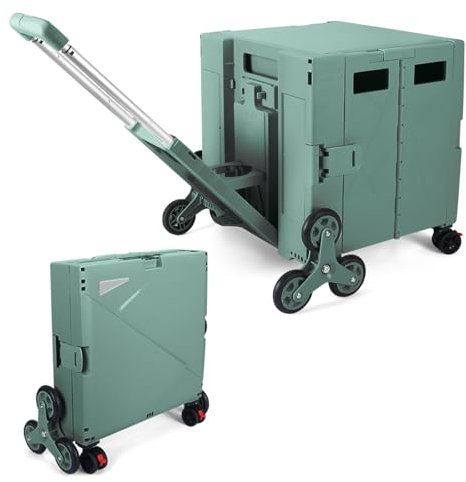 LexonElec x SELORSS Carrello della Spesa Pieghevole con Ruote Saliscale, Manico Telescopico Regolabile in Alluminio e Coperchio, Scatola Utile Pieghevole, Carrello Portatile, 90KG/76L - Verde