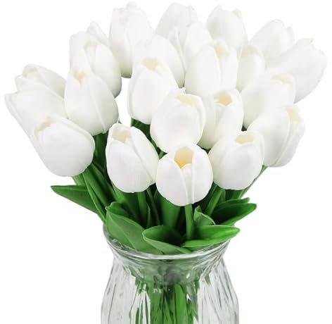 12 Piezas Tulipán Artificial,Flor de Tulipán Artificial,Flores Tulipanes Artificiales,Ramo de Flores de Tulipán,para hogar,casa,Oficina,Sala,Banquete Boda Nupcial,Fiestas (Tulipán Blancos)