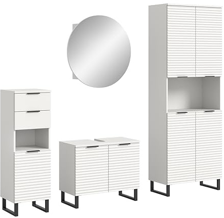 xonox.home Badezimmer Riff 4tlg. Kombination Badmöbel Set kleine Bäder Komplettprogramm Bademöbel-Set in weiß Waschbeckenunterschrank Spiegelschrank rund