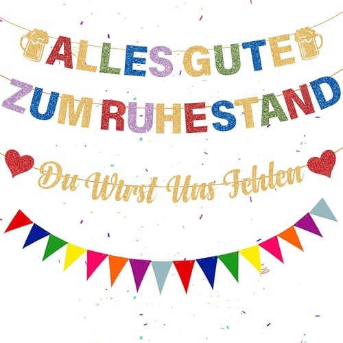 Ruhestand Girlande Rente Banner Dekoration – 53 Stück Bunt Glitzer Partyzubehör, Alles Gute zum Ruhestand Banners, Du wirst uns fehlen Girlande für Mann Frauen Abschiedsfeier Pension Abschied Party