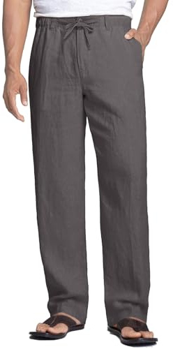 COOFANDY Men's Trousers Loose Linen Blend Lightweight Casual Summer Trousers Zip Fly Drawstring Beach Pants Lightweight Comfortable Holiday Pants Dark Grey S