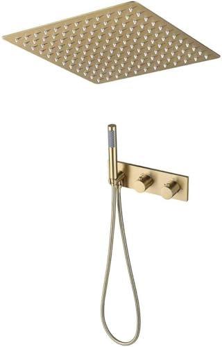 Faucet Système de douche thermostatique, ensemble de douche encastré, ensemble de mélangeur de douche à effet de pluie au plafond, ensembles de robinets de douche complets et valve en cuivre à main