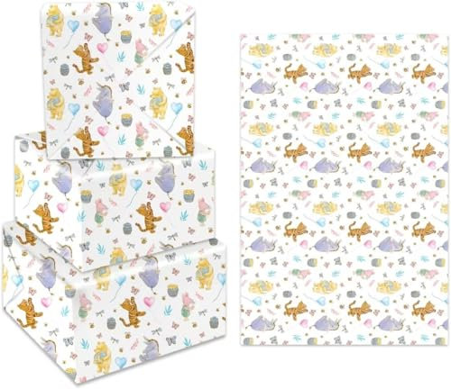 MUNIMJI Winnie Geschenkpapier – 5 Stück (74,9 x 50 cm), klassisches Bären-Geschenkpapier für Geburtstage, Partydekorationen, Zubehör und Bastelarbeiten
