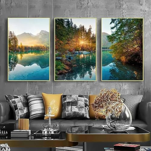 AQCQDQ 3er Poster Set, Moderne Grün Berge Wald Landschaft Bilder, Hne Rahmen Kunstdruck Leinwandbild,Boho Deko Bilder Für Wohnzimmer Schlafzimmer (30 x 40 CM)