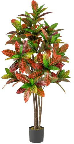 GIANTEX Pianta artificiale Crotone 150 cm, albero in vaso con foglie multicolori in PEVA, tronco in legno massello, muschio realistico, albero crotone finto per soggiorno, ufficio, matrimonio, festa
