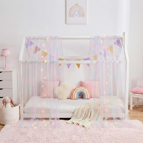 WANFASO Hausbetthimmel für Mädchen, Regenbogen-Batik-Überdachung, Bettvorhänge, Doppelbett mit Lichtern, Prinzessin, durchscheinender Betthimmel, Schal für Mädchen, Raumdekoration (2 Paneele)