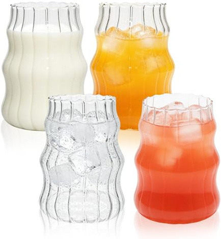 Haayymo Gerippte Trinkgläser mit 4er Set, 530ml Eiskaffeegläser, Wave Gläser Tumbler, Wassergläser,Longdrinkgläser,Trinkgläser, für Cocktail,Wasser, Soda