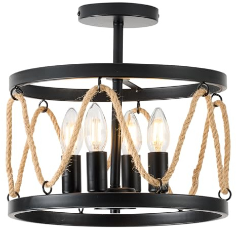 NATUREYL Rustic Pendant Ceiling Light Fixtures, 4-Lights Industrial Semi Flush Mount Chandelier with Rope for Living Room, Kitchen, Bedroom, Hallway, Dining Room, Lounge