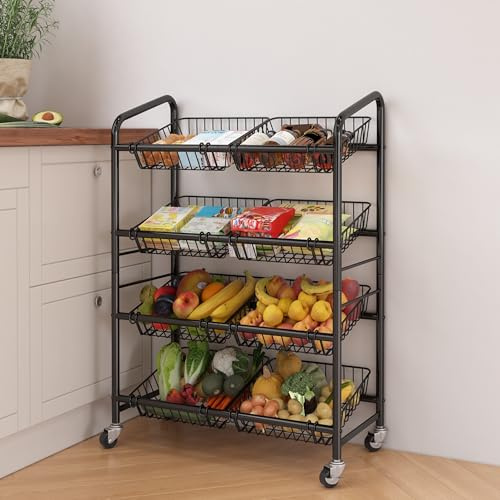 Ornestia Vegetable Storage Rack, Large Capacity Kitchen Storage Trolley Rolling Carts on Wheels, 4 Tier Detachable Wire Storage Baskets for Snack Potato Onion(Black)