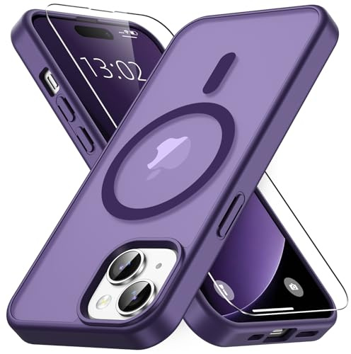 Vansdon Cover Magnetica per iPhone 15 con 1 Pezzi Vetro Temperato | Viola Profondo, Compatibile con Magsafe, Protezione anticaduta di livello militare, Cover Traslucida Opaca Sottile Antiurto